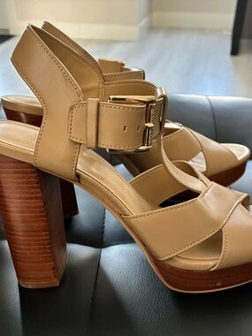 Michael Kors Tan Platform Block Heel Sandal with Gold Buckle